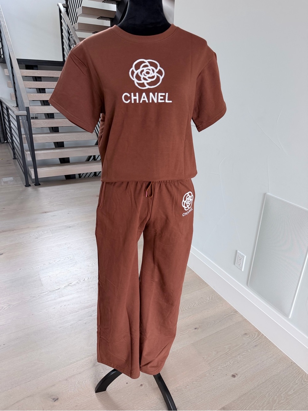 Brown Cotton Lounge Pants & Tee Matching Two piece Set size S